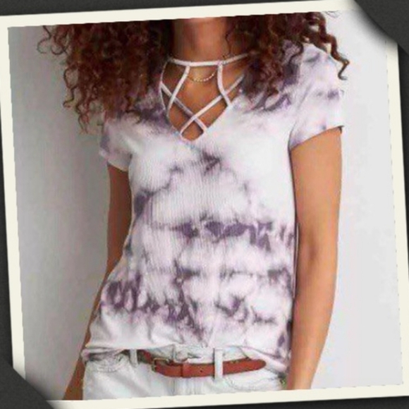 American Eagle Soft & Sexy Ribbed Black White Tie-Dye T-Shirt Strappy y2l 2000s - Picture 8 of 8